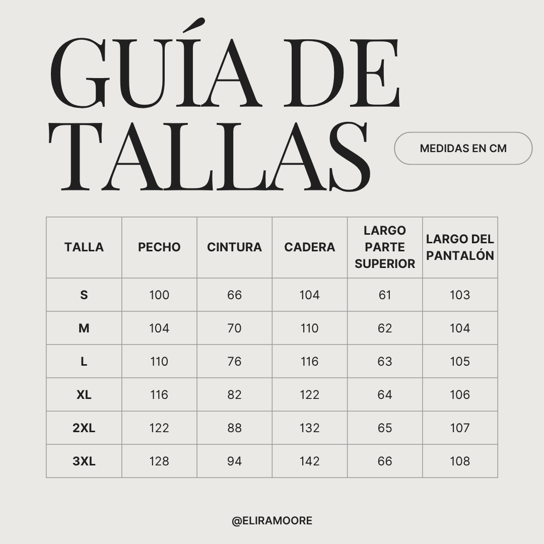 Guía de tallas para ARENA - CONJUNTO LIGERO