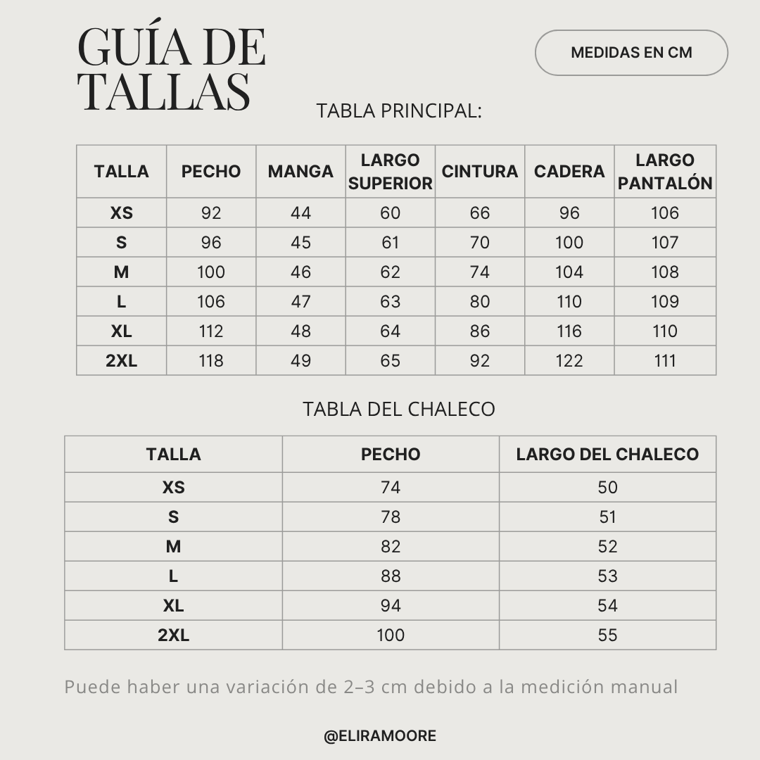 Guía de tallas para EMMA - CONJUNTO DE 3 PIEZAS