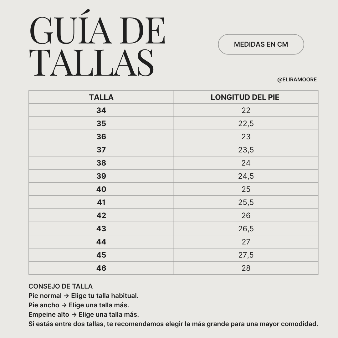 Guía de tallas para KENZIRA - TACONES MODERNOS