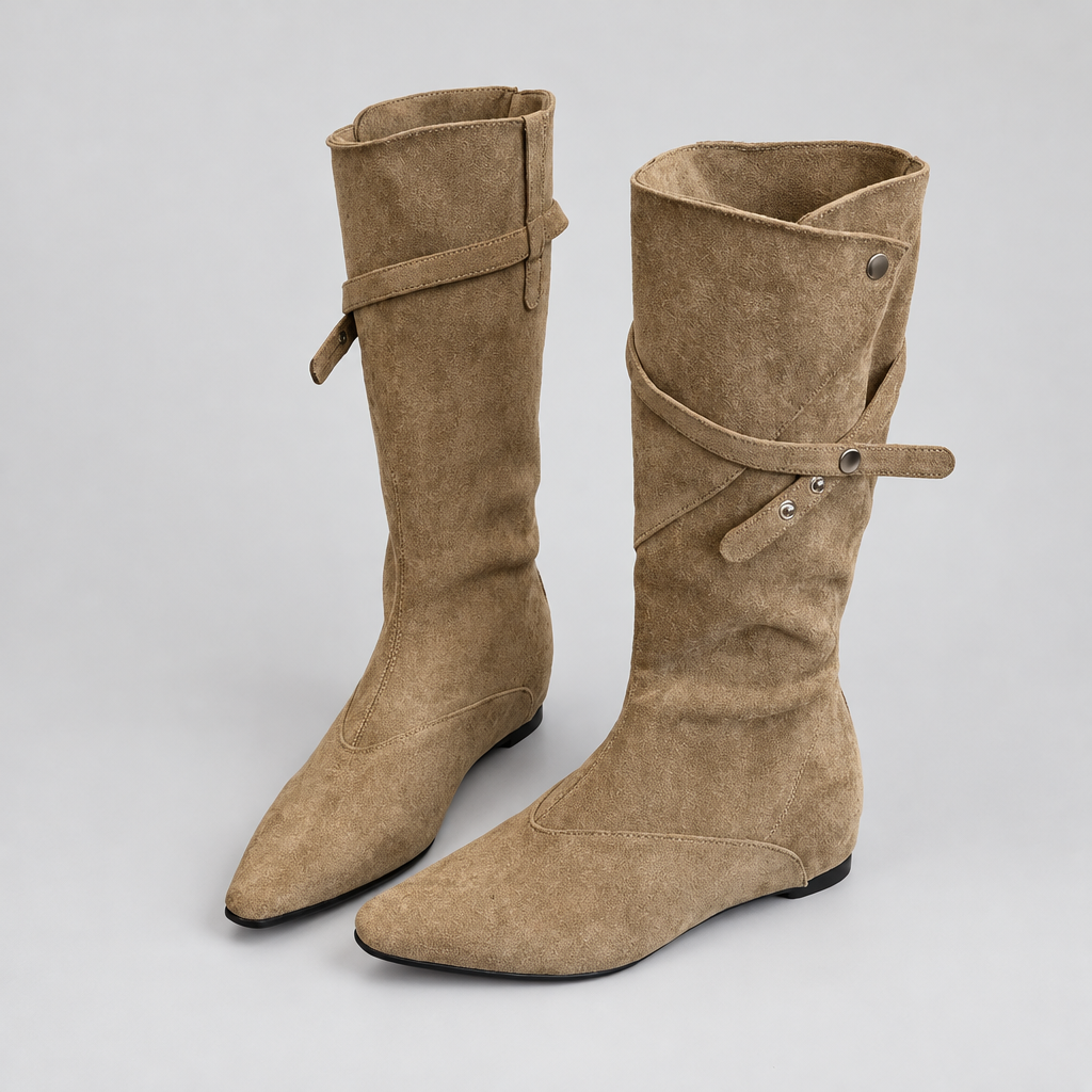 Botas beige sobre fondo gris