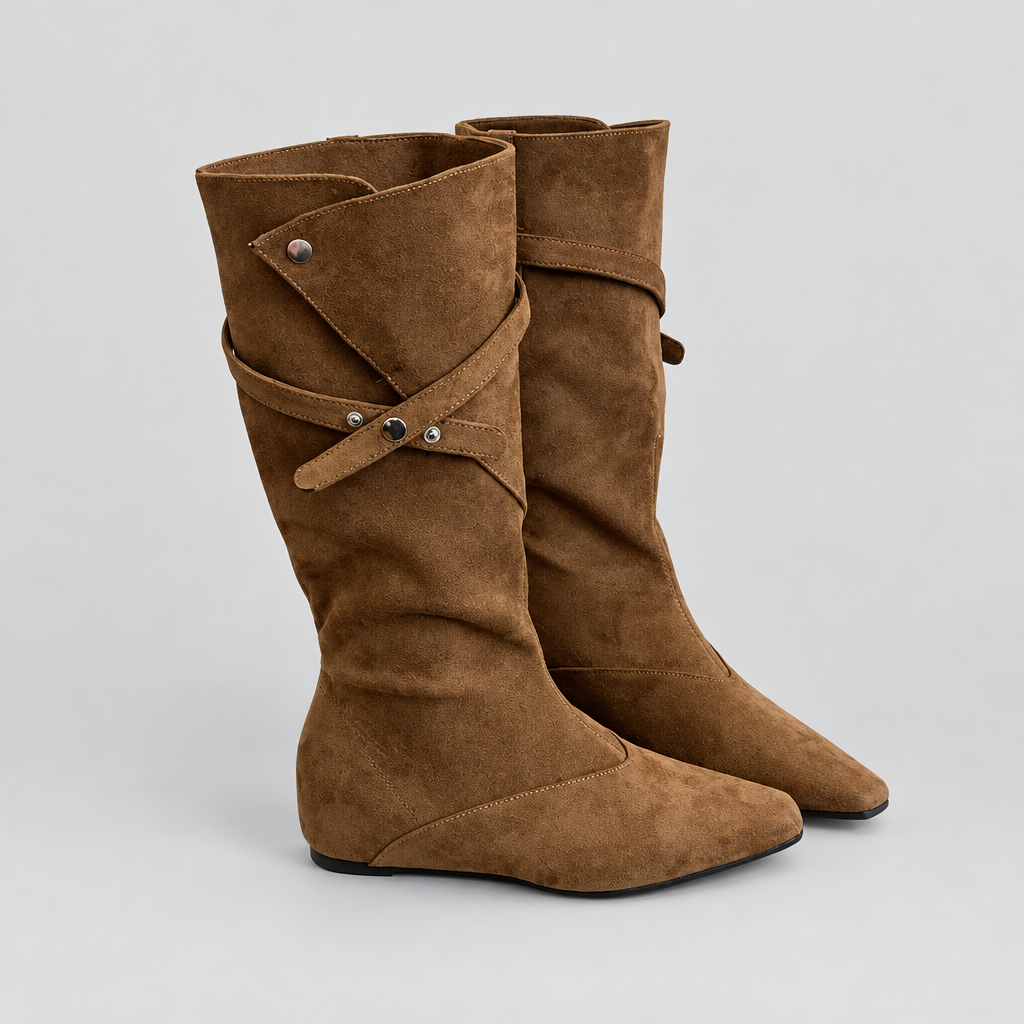 Botas camel sobre fondo gris