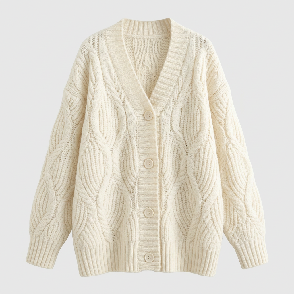Cárdigan blanco crema, corrección de botones y textura