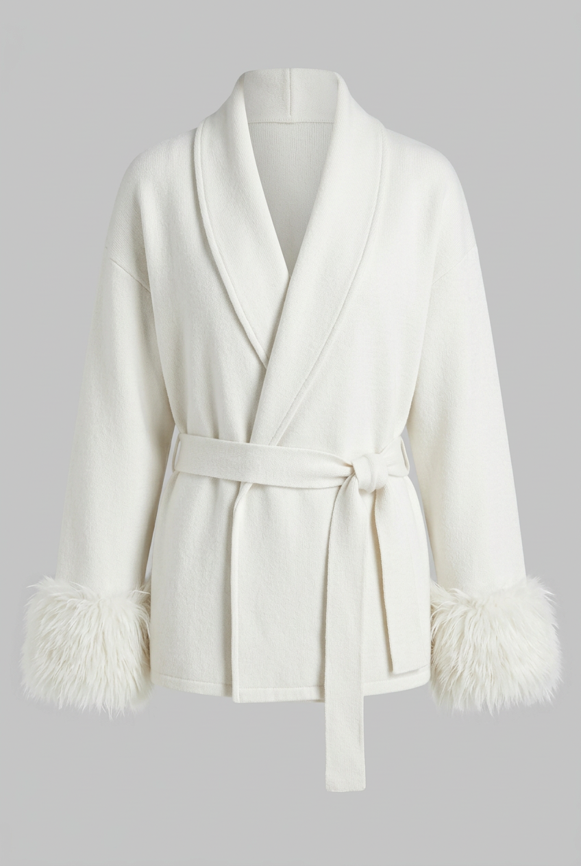 Chaqueta blanca con cinturón y puños de pelo sobre fondo gris neutro