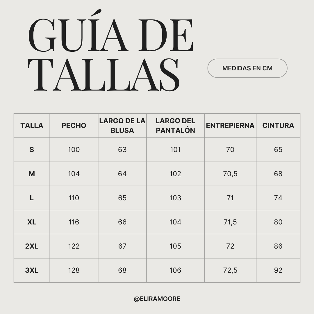 Guía de tallas para AMELIA - CONJUNTO FLUIDO