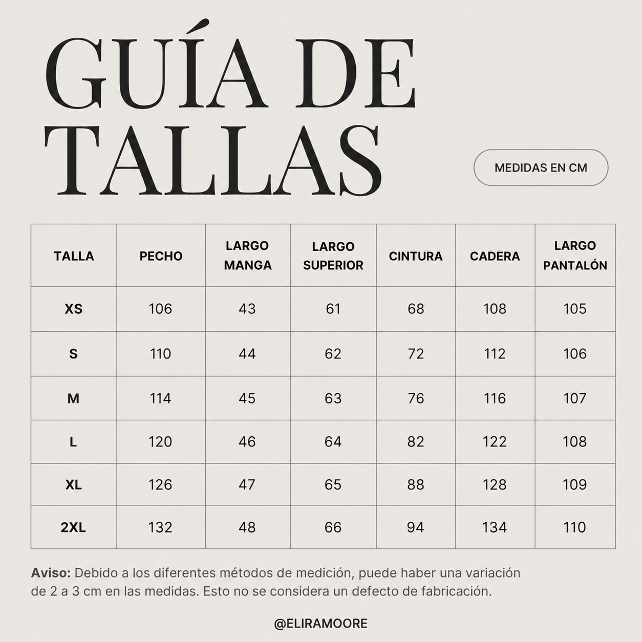 Guía de tallas para MILA - CONJUNTO OFF SHOULDER