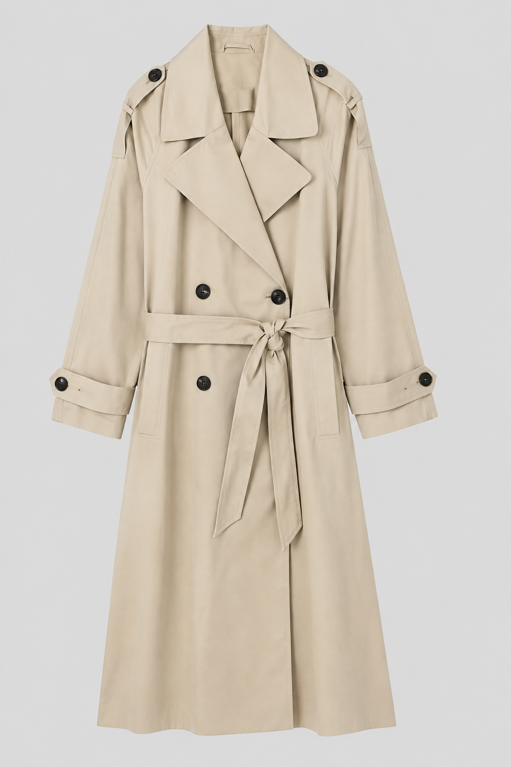 Trench BEATRIZ solo, de frente y con fondo gris