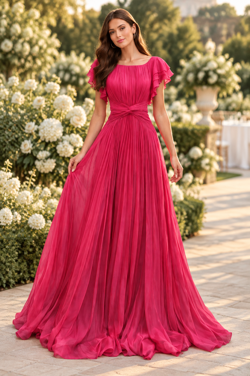 Vestido MARINA con modelo en una boda en jardín