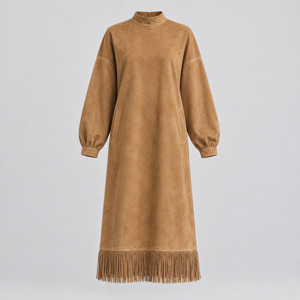 Vestido Renata camel sin modelo sobre fondo gris