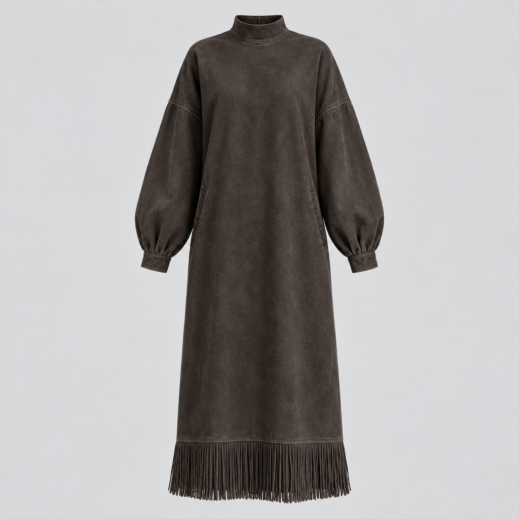 Vestido Renata oscuro sin modelo sobre fondo gris